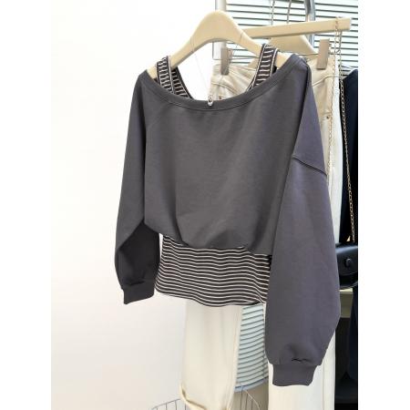 FA47196# 韩系字母印花一字肩长袖卫衣+修身背心套装女秋季新假两件套  服裝批發女裝批發服飾貨源