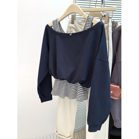 FA47196# 韩系字母印花一字肩长袖卫衣+修身背心套装女秋季新假两件套  服裝批發女裝批發服飾貨源