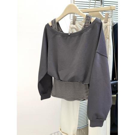 FA47196# 韩系字母印花一字肩长袖卫衣+修身背心套装女秋季新假两件套  服裝批發女裝批發服飾貨源