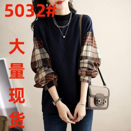 FA47207# 不起球圆领加绒卫衣女无帽新款洋气复古格纹假两件上衣女  服裝批發女裝批發服飾貨源