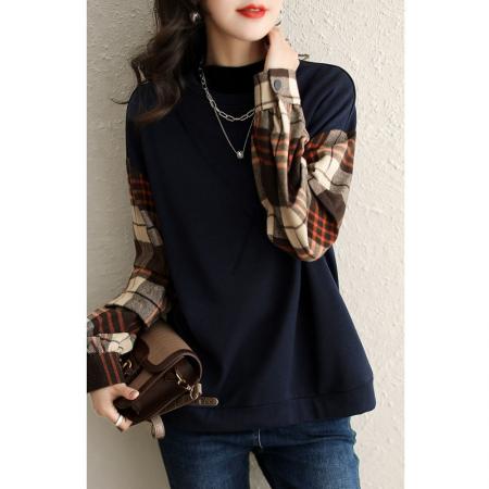 FA47207# 不起球圆领加绒卫衣女无帽新款洋气复古格纹假两件上衣女  服裝批發女裝批發服飾貨源