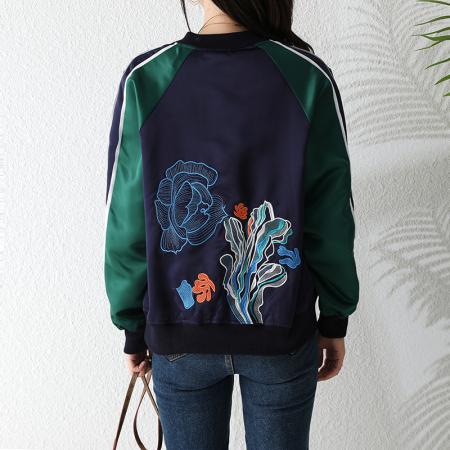 FA47208# 重工撞色刺绣醋酸料棒球夹克外套  服裝批發女裝批發服飾貨源