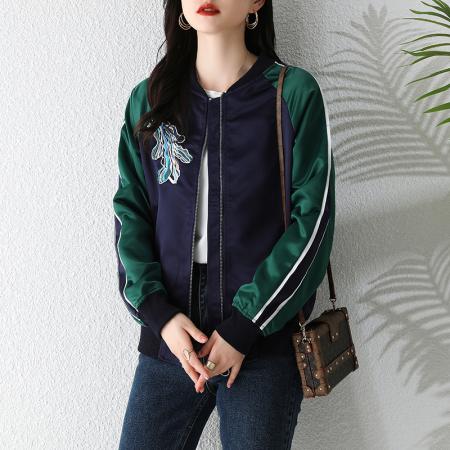 FA47208# 重工撞色刺绣醋酸料棒球夹克外套  服裝批發女裝批發服飾貨源
