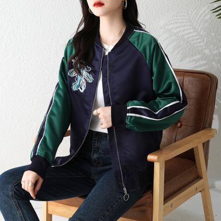 FA47208# 重工撞色刺绣醋酸料棒球夹克外套  服裝批發女裝批發服飾貨源