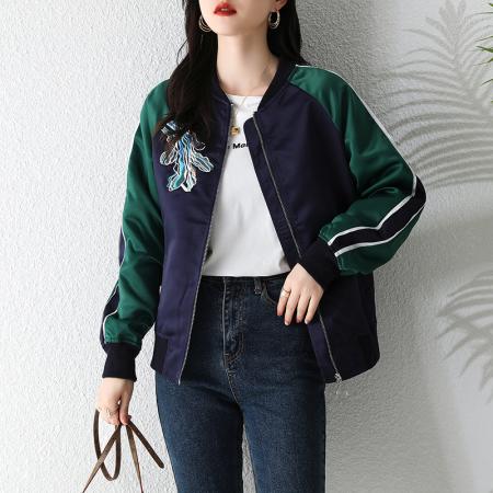 FA47208# 重工撞色刺绣醋酸料棒球夹克外套  服裝批發女裝批發服飾貨源