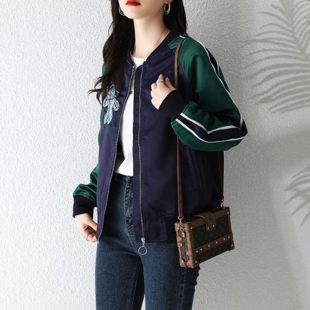 FA47208# 重工撞色刺绣醋酸料棒球夹克外套  服裝批發女裝批發服飾貨源
