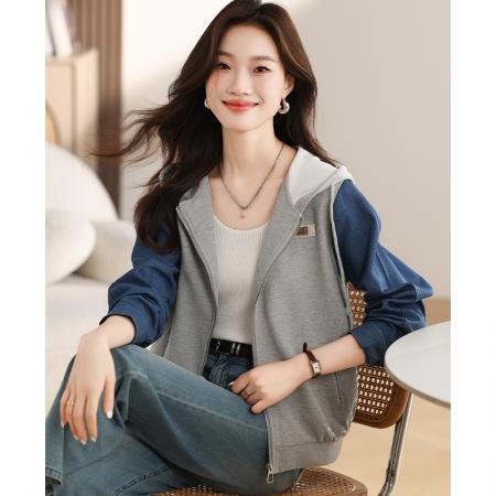 FA47209# 休闲牛仔拼接上衣秋新款抽绳连帽质感百搭外套女  服裝批發女裝批發服飾貨源