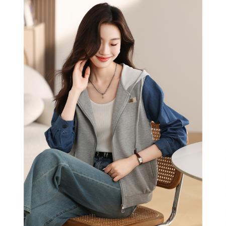 FA47209# 休闲牛仔拼接上衣秋新款抽绳连帽质感百搭外套女  服裝批發女裝批發服飾貨源