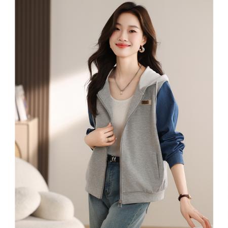 FA47209# 休闲牛仔拼接上衣秋新款抽绳连帽质感百搭外套女  服裝批發女裝批發服飾貨源