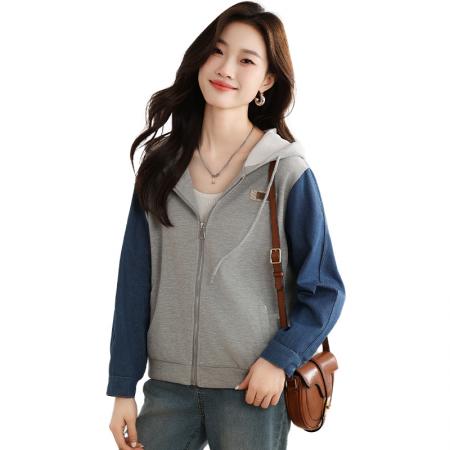 FA47209# 休闲牛仔拼接上衣秋新款抽绳连帽质感百搭外套女  服裝批發女裝批發服飾貨源