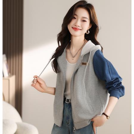 FA47209# 休闲牛仔拼接上衣秋新款抽绳连帽质感百搭外套女  服裝批發女裝批發服飾貨源