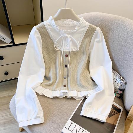 FA47215# 假两件拼接花边圆领长袖衬衫女秋季新款洋气绑带百搭显瘦短款上衣  服裝批發女裝批發服飾貨源