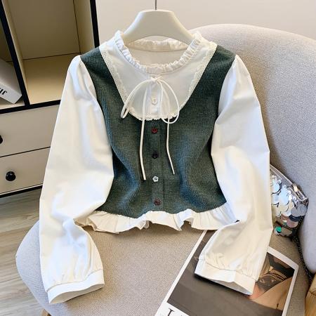 FA47215# 假两件拼接花边圆领长袖衬衫女秋季新款洋气绑带百搭显瘦短款上衣  服裝批發女裝批發服飾貨源