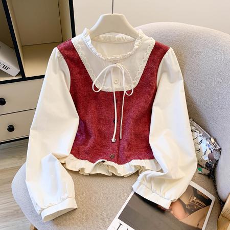 FA47215# 假两件拼接花边圆领长袖衬衫女秋季新款洋气绑带百搭显瘦短款上衣  服裝批發女裝批發服飾貨源