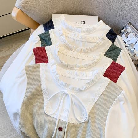 FA47215# 假两件拼接花边圆领长袖衬衫女秋季新款洋气绑带百搭显瘦短款上衣  服裝批發女裝批發服飾貨源