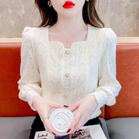 FA47216# 法式小众洋气修身显瘦小清新毛针织衫大气时髦纽扣设计感长袖上衣  服裝批發女裝批發服飾貨源