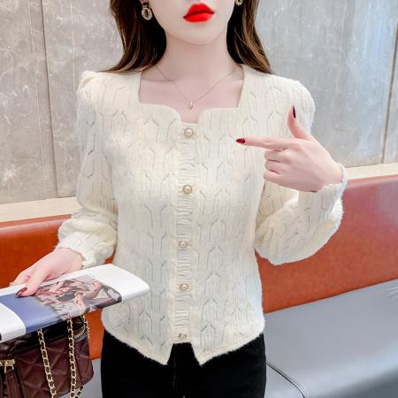 FA47216# 法式小众洋气修身显瘦小清新毛针织衫大气时髦纽扣设计感长袖上衣  服裝批發女裝批發服飾貨源