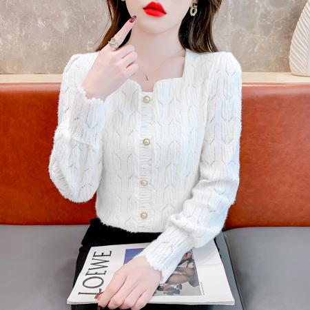 FA47216# 法式小众洋气修身显瘦小清新毛针织衫大气时髦纽扣设计感长袖上衣  服裝批發女裝批發服飾貨源