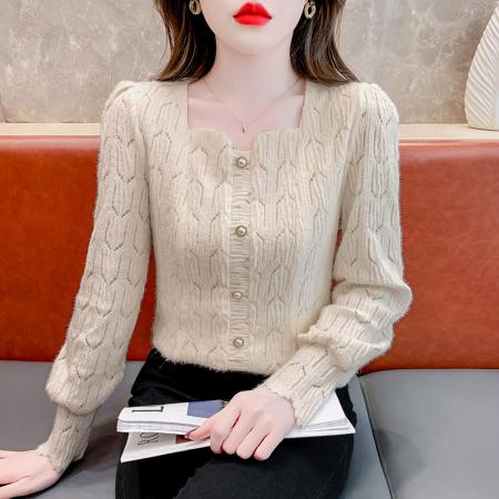 FA47216# 法式小众洋气修身显瘦小清新毛针织衫大气时髦纽扣设计感长袖上衣  服裝批發女裝批發服飾貨源