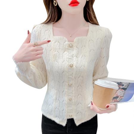 FA47216# 法式小众洋气修身显瘦小清新毛针织衫大气时髦纽扣设计感长袖上衣  服裝批發女裝批發服飾貨源