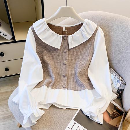 FA47217# 甜美撞色拼接娃娃领长袖衬衫女秋季荷叶边单排扣减龄针织上衣  服裝批發女裝批發服飾貨源