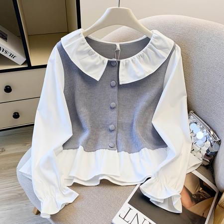 FA47217# 甜美撞色拼接娃娃领长袖衬衫女秋季荷叶边单排扣减龄针织上衣  服裝批發女裝批發服飾貨源