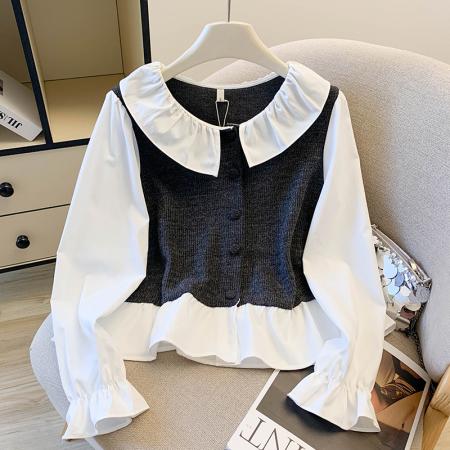 FA47217# 甜美撞色拼接娃娃领长袖衬衫女秋季荷叶边单排扣减龄针织上衣  服裝批發女裝批發服飾貨源