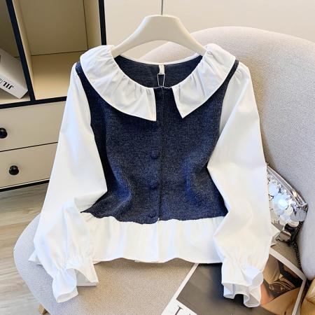 FA47217# 甜美撞色拼接娃娃领长袖衬衫女秋季荷叶边单排扣减龄针织上衣  服裝批發女裝批發服飾貨源