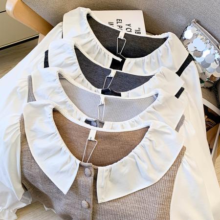 FA47217# 甜美撞色拼接娃娃领长袖衬衫女秋季荷叶边单排扣减龄针织上衣  服裝批發女裝批發服飾貨源