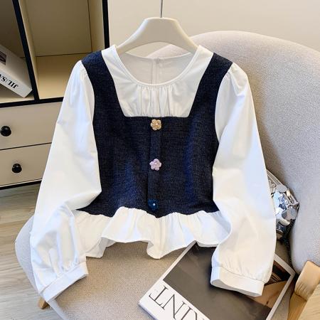 FA47218# 韩系气质拼接假两件长袖衬衫女秋季新款百搭娃娃衫减龄上衣  服裝批發女裝批發服飾貨源