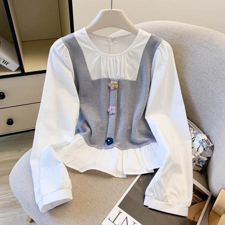 FA47218# 韩系气质拼接假两件长袖衬衫女秋季新款百搭娃娃衫减龄上衣  服裝批發女裝批發服飾貨源