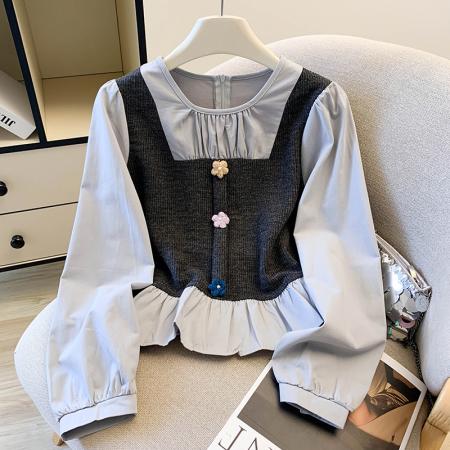 FA47218# 韩系气质拼接假两件长袖衬衫女秋季新款百搭娃娃衫减龄上衣  服裝批發女裝批發服飾貨源