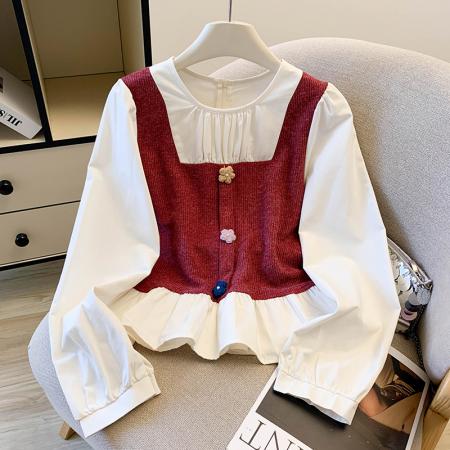 FA47218# 韩系气质拼接假两件长袖衬衫女秋季新款百搭娃娃衫减龄上衣  服裝批發女裝批發服飾貨源