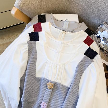 FA47218# 韩系气质拼接假两件长袖衬衫女秋季新款百搭娃娃衫减龄上衣  服裝批發女裝批發服飾貨源