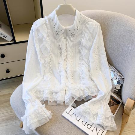 FA47219# 法式宫廷风蕾丝花边粉色衬衫女秋冬小众设计感洋气喇叭袖小衫上衣  服裝批發女裝批發服飾貨源