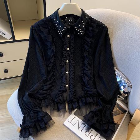 FA47219# 法式宫廷风蕾丝花边粉色衬衫女秋冬小众设计感洋气喇叭袖小衫上衣  服裝批發女裝批發服飾貨源