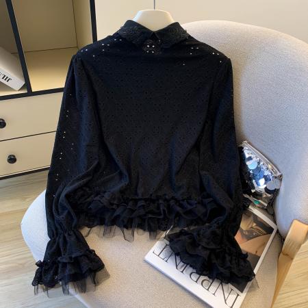 FA47219# 法式宫廷风蕾丝花边粉色衬衫女秋冬小众设计感洋气喇叭袖小衫上衣  服裝批發女裝批發服飾貨源