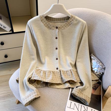 FA47220# 早秋新款爆款法式假两件格子衬衫女荷叶边巨好看短款长袖上衣  服裝批發女裝批發服飾貨源