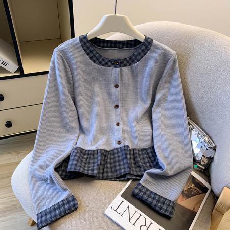 FA47220# 早秋新款爆款法式假两件格子衬衫女荷叶边巨好看短款长袖上衣  服裝批發女裝批發服飾貨源