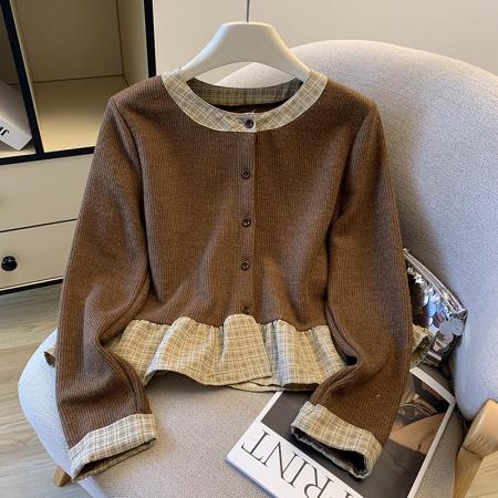 FA47220# 早秋新款爆款法式假两件格子衬衫女荷叶边巨好看短款长袖上衣  服裝批發女裝批發服飾貨源