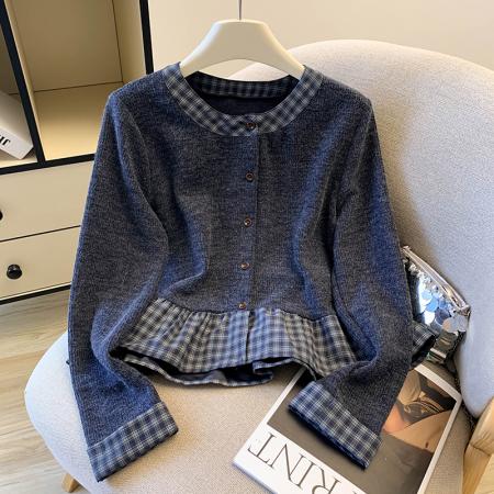 FA47220# 早秋新款爆款法式假两件格子衬衫女荷叶边巨好看短款长袖上衣  服裝批發女裝批發服飾貨源