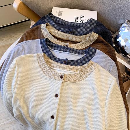 FA47220# 早秋新款爆款法式假两件格子衬衫女荷叶边巨好看短款长袖上衣  服裝批發女裝批發服飾貨源