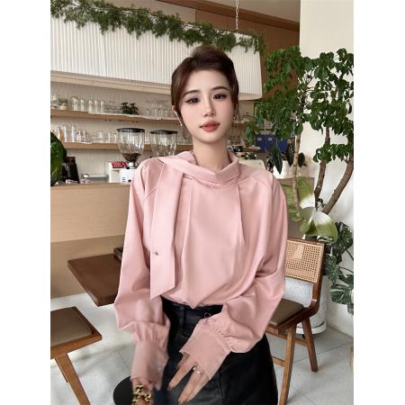 FA47221# 百搭女欧尼韩系圆领飘带领时尚粉色气质长袖衬衫女  服裝批發女裝批發服飾貨源