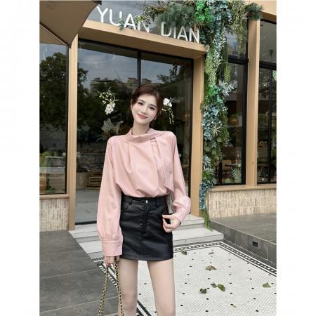 FA47221# 百搭女欧尼韩系圆领飘带领时尚粉色气质长袖衬衫女  服裝批發女裝批發服飾貨源