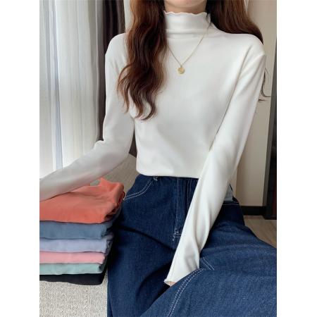 FA47222# 木耳边双面德绒保暖秋冬半高领新款打底衫上衣女  服裝批發女裝批發服飾貨源