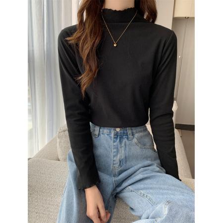 FA47222# 木耳边双面德绒保暖秋冬半高领新款打底衫上衣女  服裝批發女裝批發服飾貨源