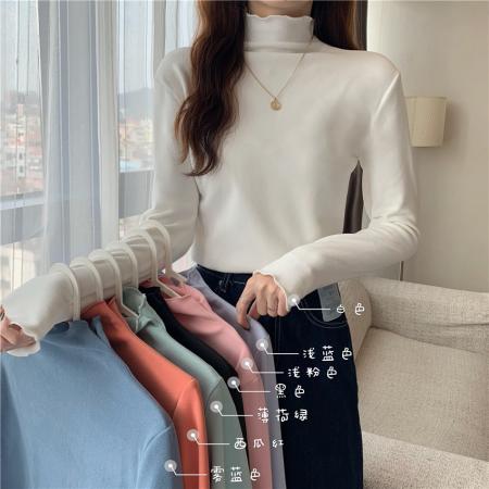 FA47222# 木耳边双面德绒保暖秋冬半高领新款打底衫上衣女  服裝批發女裝批發服飾貨源