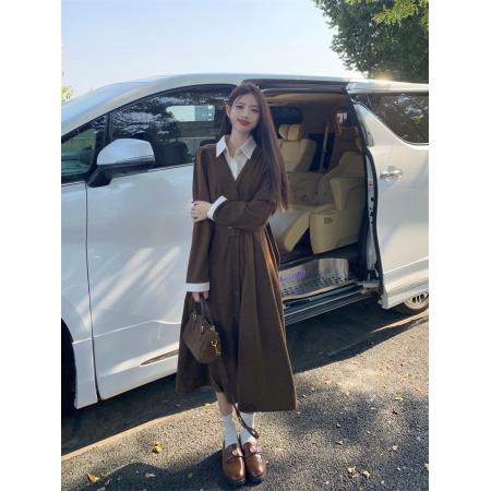 FA47223# 假两件灯芯绒连衣裙女收腰设计感a字长裙子秋冬新款  服裝批發女裝批發服飾貨源