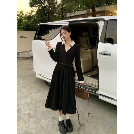 FA47223# 假两件灯芯绒连衣裙女收腰设计感a字长裙子秋冬新款  服裝批發女裝批發服飾貨源