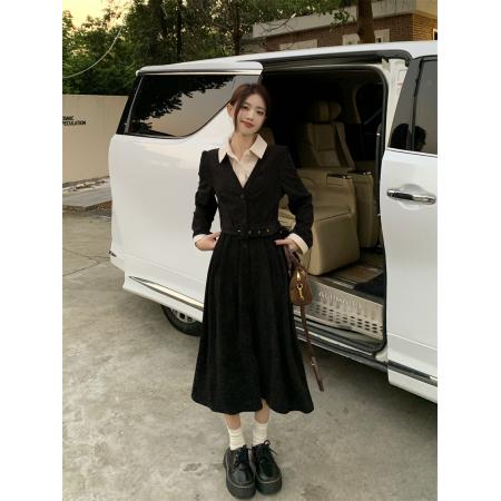 FA47223# 假两件灯芯绒连衣裙女收腰设计感a字长裙子秋冬新款  服裝批發女裝批發服飾貨源